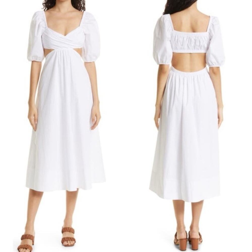 STAUD White Carina Cotton Poplin Puff Sleeve Cut Out Midi Dress